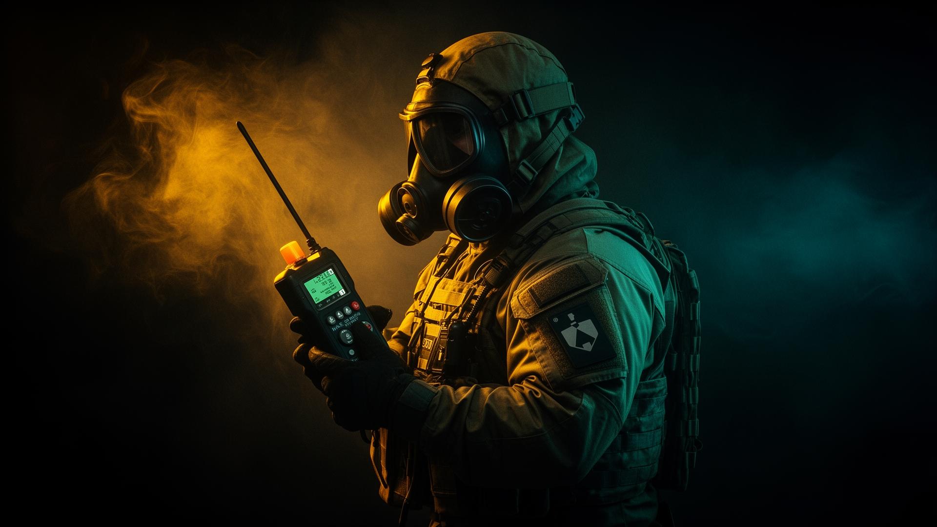 CBRNe responder with handheld detector in simulated hazard environment