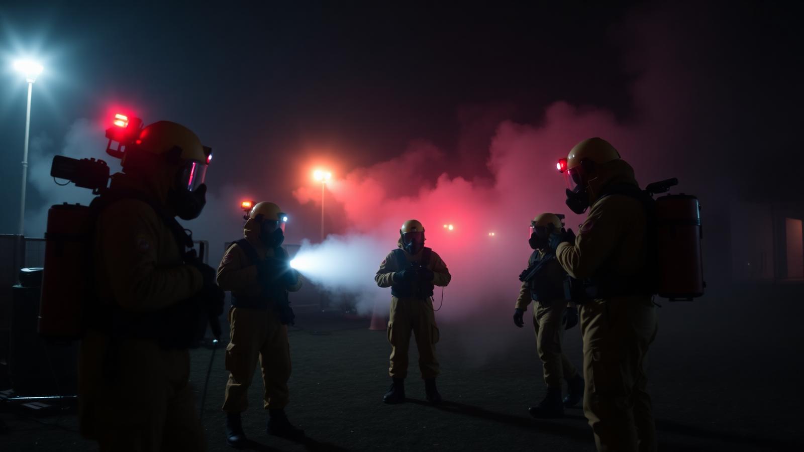Hazmat responders coordinating during a night training exercise